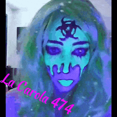 a woman with a biohazard symbol painted on her face and the name la carola 474