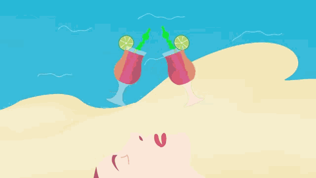 a woman is laying on the beach with two glasses of wine and limes