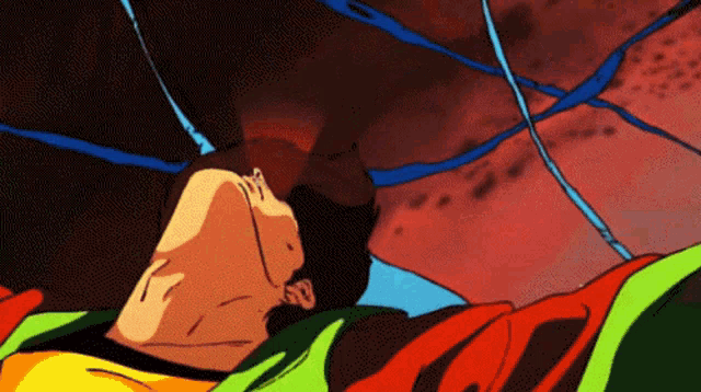 a cartoon drawing of a man laying on a bed