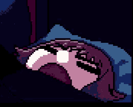a pixel art drawing of a person laying under a blue blanket