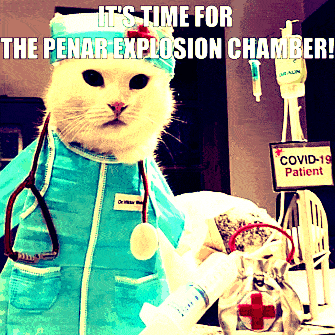 a cat dressed up as a doctor with the caption " it 's time for the penar explosion chamber "