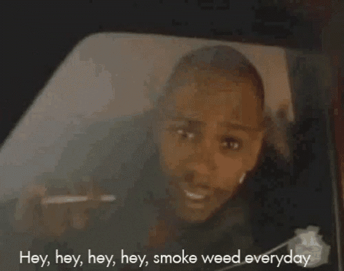 a woman smoking a cigarette in a car with the words hey hey hey hey smoke weed everyday