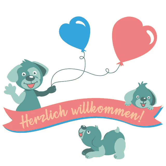 a sign that says herzlich willkommen with two dogs and balloons