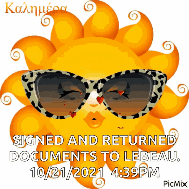 a picture of a sun wearing sunglasses with the words signed and returned documents to lebeau