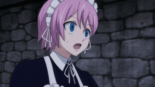 a maid with pink hair and blue eyes is standing in front of a stone wall