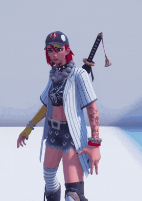 a girl with red hair and a baseball cap is holding a sword behind her back