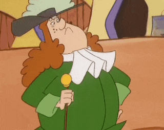 a cartoon man in a green suit and hat is holding a cane and a microphone .