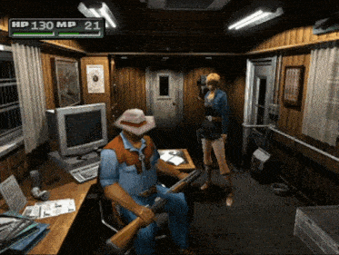 a video game shows a man holding a gun and a woman holding a gun with hp 130 mp 21