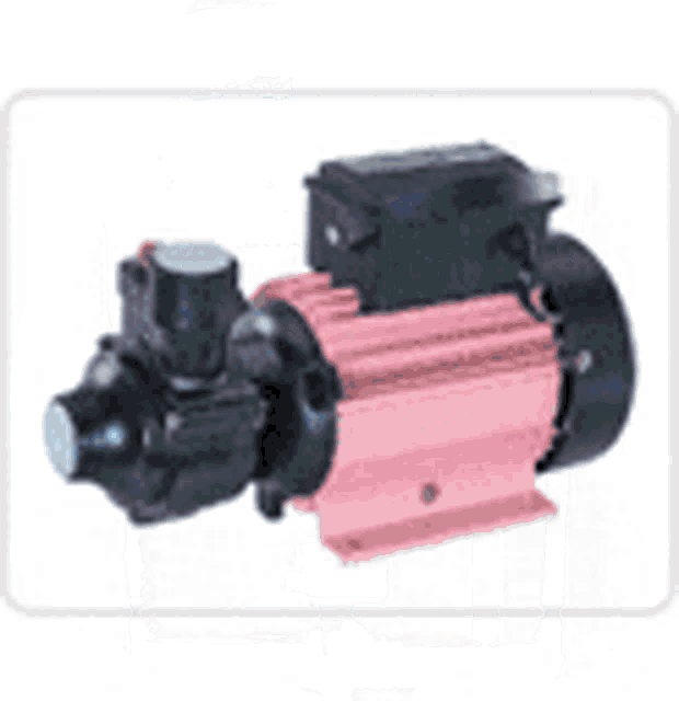 a black water pump with a hose attached to it is sitting on a white surface .