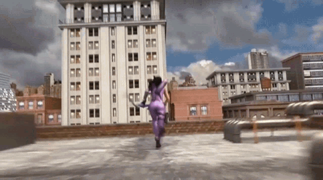 a woman in a purple outfit is running on a rooftop in front of a tall building