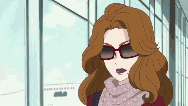 a woman wearing sunglasses and a scarf stands in front of an airplane