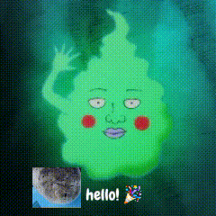 a drawing of a green monster with the words hello on the bottom right