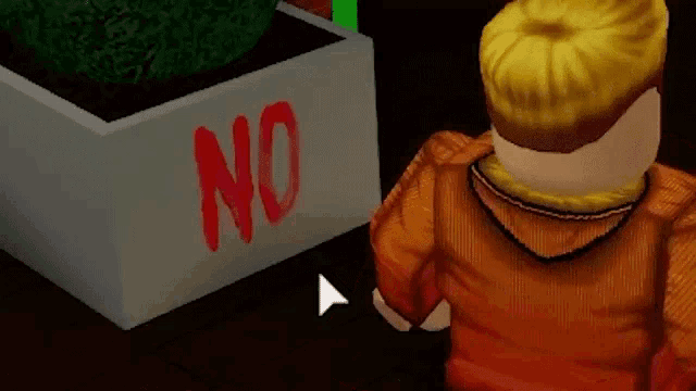 a person in a video game is standing next to a potted plant that says no
