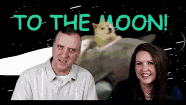 a man and a woman are sitting in front of a sign that says " to the moon "