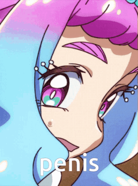 a picture of a girl with purple hair and the word penis