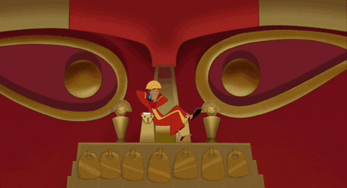 a cartoon character is sitting on a throne with his hands behind his head and a book in front of him