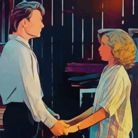 a man and woman are holding hands in a painting
