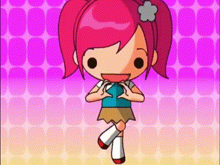 a cartoon girl with red hair and a flower in her hair is standing in front of a pink background .