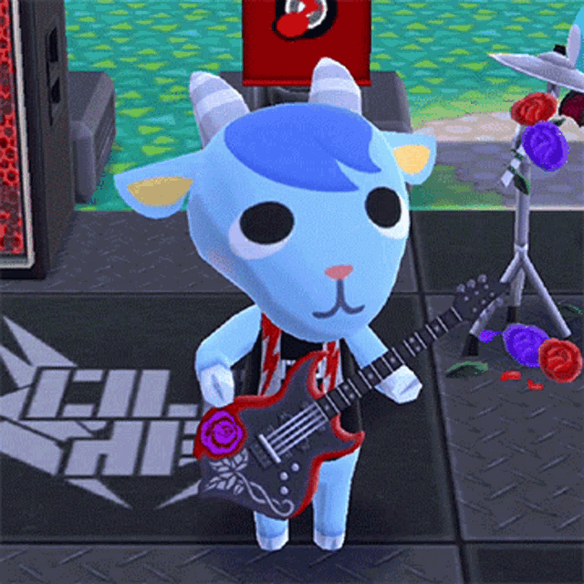 a cartoon goat is holding a guitar in front of a sign that says eh