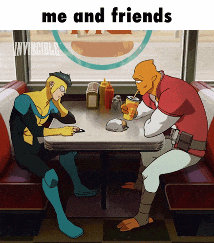 two cartoon characters sitting at a diner table with the words me and friends above them