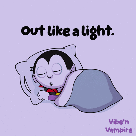 a cartoon of a vampire sleeping with the words out like a light below him