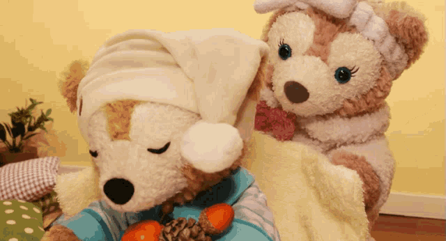 a teddy bear wearing a sleep cap is next to a teddy bear wearing a blanket