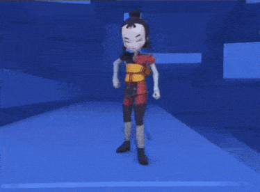 a cartoon character is laying on a blue surface with a blue background