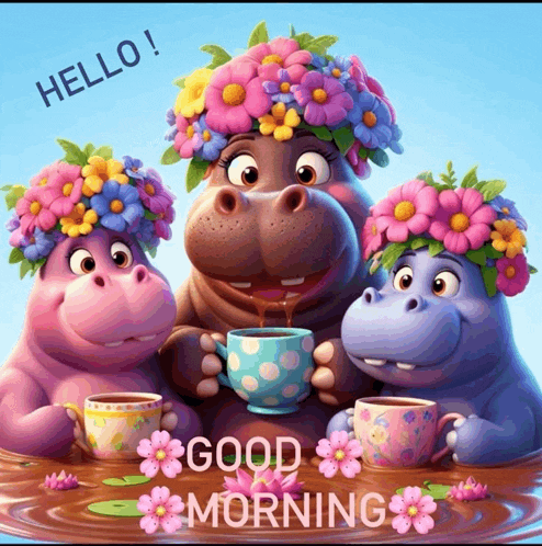 three hippos with flowers on their heads are holding cups of coffee