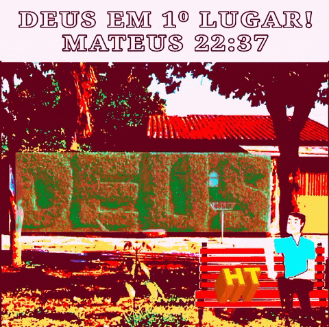 a poster that says deus em 1o lugar mateus 22:27 with a man sitting on a bench