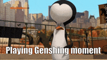 a cartoon penguin says " playing genshing moment " on the screen