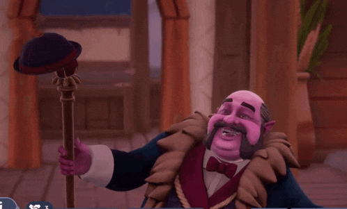a cartoon character with purple ears and a hat holds a cane