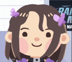 a girl with purple butterflies in her hair is smiling