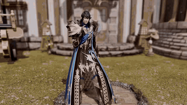 a man is standing in front of a building in a video game holding a sword .