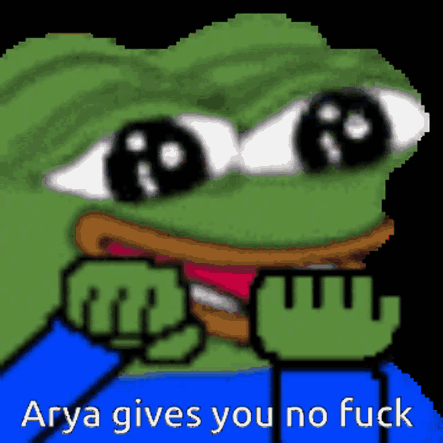 a pixel art of a frog with the words " arya gives you no fuck " below it