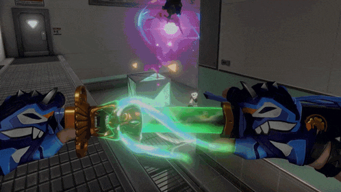 a person wearing blue gloves is holding a sword