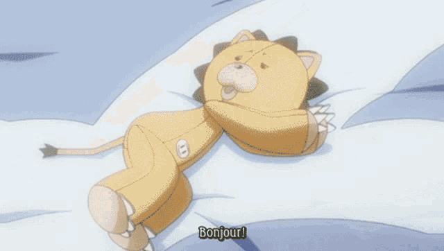 a stuffed animal laying on a bed with the words bonjour written on it