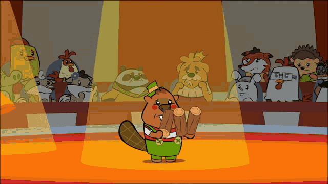 a cartoon of a beaver holding a wooden stick in front of a crowd