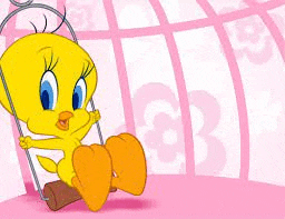 tweety the chicken is sitting on a swing in a pink cage .