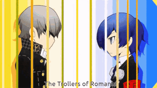 two anime characters are standing next to each other with the words the trollers of romania below them