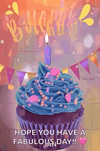 a cupcake with blue frosting and a candle on it