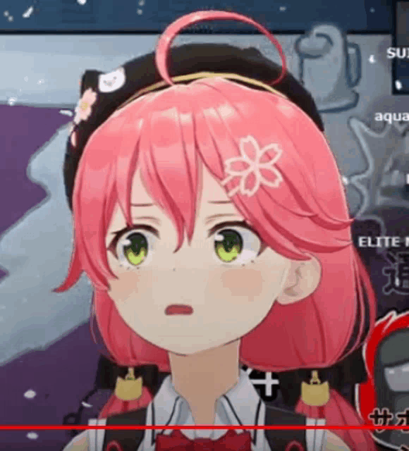 a girl with pink hair and green eyes is wearing a black hat with a flower in her hair .