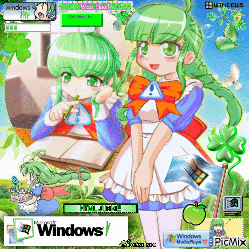 a girl with green hair is surrounded by microsoft windows logos