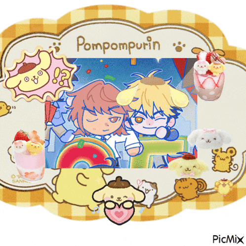 a picture of a boy and a girl with pompompurin written on it