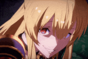 a close up of a anime girl with blonde hair and red eyes
