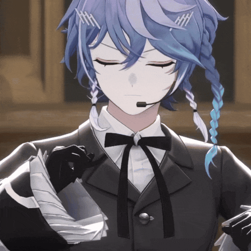 a cartoon character with blue hair and a microphone