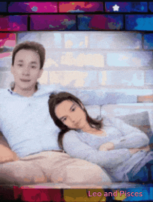 a man and woman laying on a couch with the words leo and pisces on the bottom right