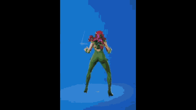a woman in a green superhero costume is dancing in a video game .