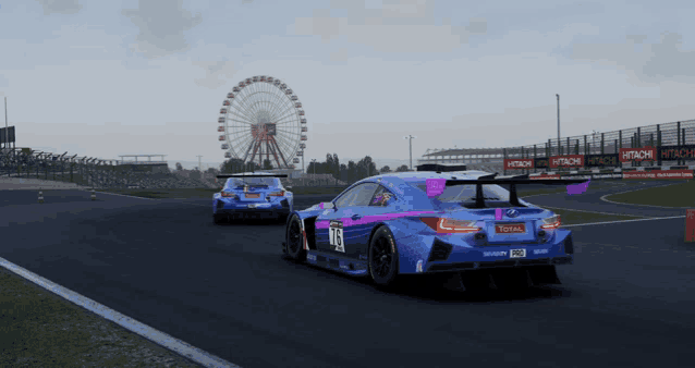 a blue sports car with the number 19 on the back