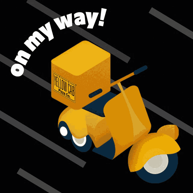 a yellow scooter with a yellow cab pizza box on top of it