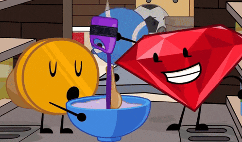 a yellow coin and a red diamond are standing next to a blue bowl